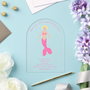 Invitations En Acrylique Jolie Sirène Imaginaire rose Fête d'anniversaire p
