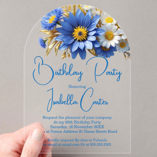Invitations En Acrylique Jolies fleurs bleues blanches et or pour anniversa