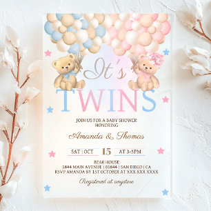Invitations En Acrylique Jumeaux Fille Garçon Ours Avec Ballons Baby Shower