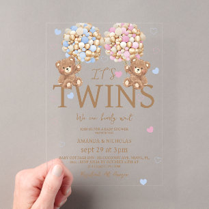 Invitations En Acrylique Jumeaux Fille Garçon Ours Ballons Baby Shower 