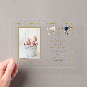 Invitations En Acrylique Jumeaux Fleuris Rose Bleu Charme Photo Baptême