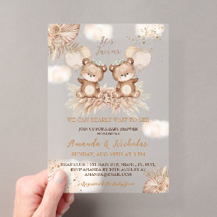 Invitations En Acrylique Jumeaux Ours Boho Neutre Baby Shower