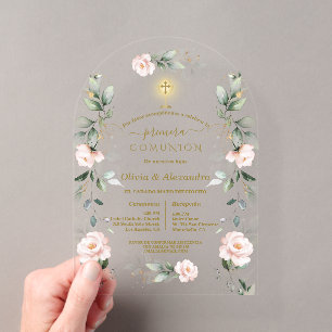 Invitations En Acrylique Jumelles de première communion florale rose