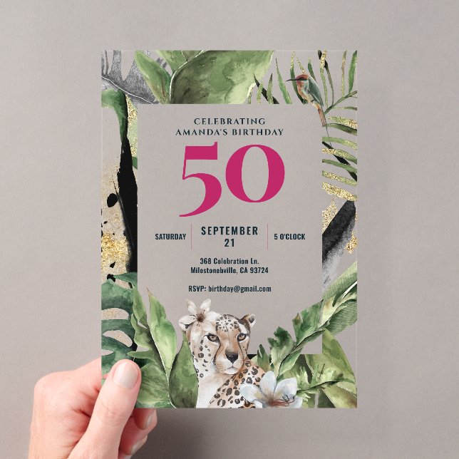 Invitations En Acrylique Jungle Leopard rose 50e anniversaire (In situ (ordinateur de poche))