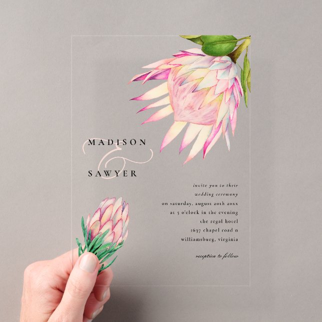 Invitations En Acrylique King Protea rose Aquarelle Mariage Floral (In situ (ordinateur de poche))