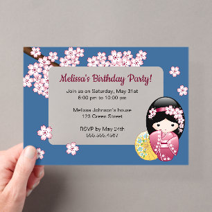 Invitations En Acrylique Kokeshi de printemps Fenêtre transparente bleue An