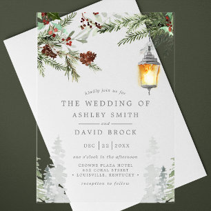 Invitations En Acrylique Lanterne de mariage botanique aux arbres de pin ru