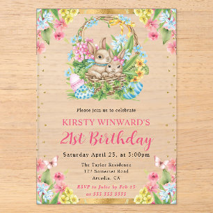 Invitations En Acrylique Lapins de Pâques à l'aquarelle Anniversaire 21 Pri