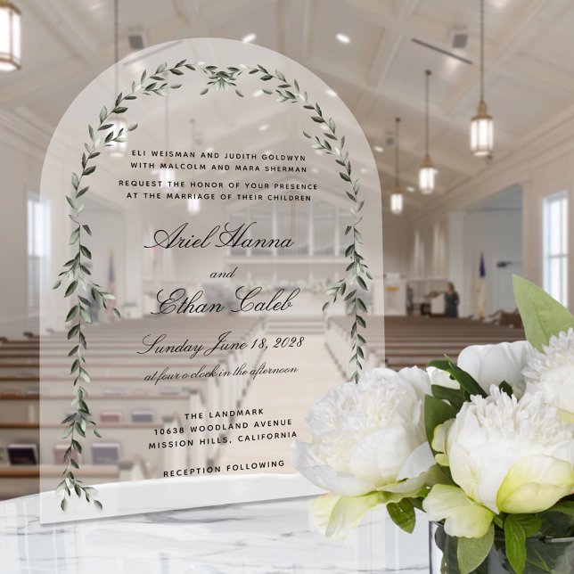 Invitations En Acrylique Laurel Leaf Archway Mariage élégant (Acrylic Green Laurel Leaf Wedding Invite)
