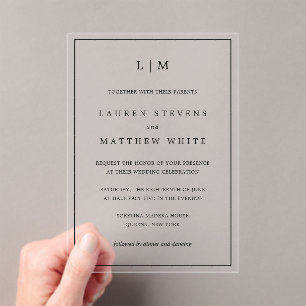 Invitations En Acrylique Lauren Noir et Blanc Monogramme Mariage élégant