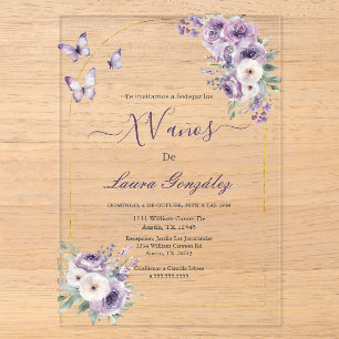 Invitations En Acrylique Lavande avec papillons Quinceanera espagnol