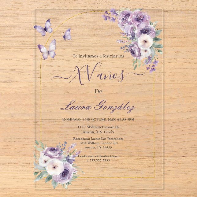 Invitations En Acrylique Lavande avec papillons Quinceanera espagnol (Recto)