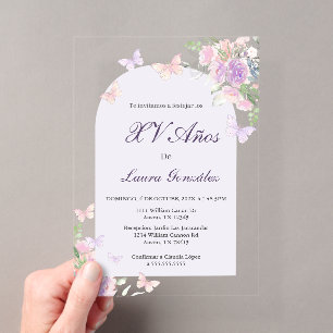 Invitations En Acrylique Lavande avec papillons Quinceanera espagnol Acry