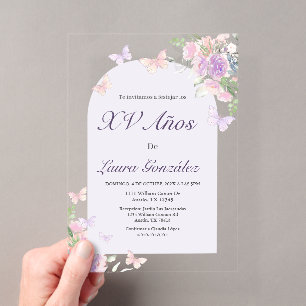 Invitations En Acrylique Lavande avec papillons Quinceanera espagnol Acryli