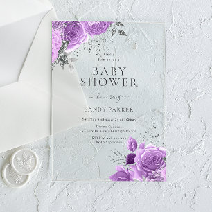 Invitations En Acrylique Lavande violet et Baby shower argenté
