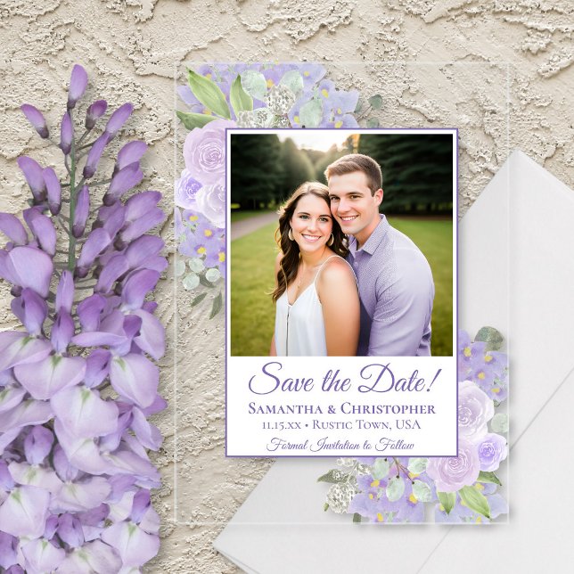Invitations En Acrylique Lavande violet Roses mariage Enregistrer la date P (Clear Acrylic with Rectangle Cut)