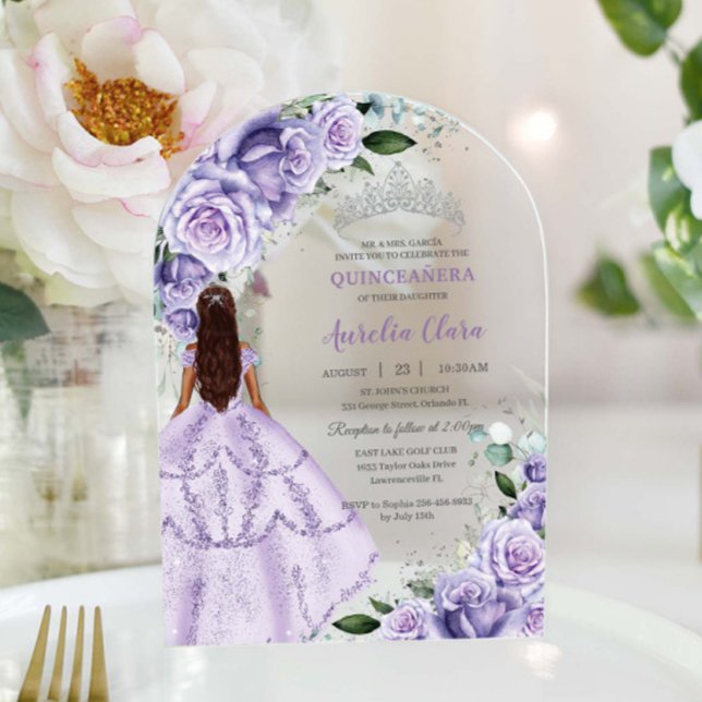 Invitations En Acrylique Lavande violette Floral Argent Quinceañera Sweet 1 (Créateur téléchargé)