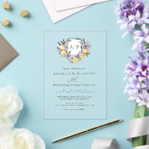 Invitations En Acrylique Lavender Lemon Monogram Floral Crest Mariage