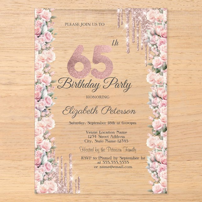 Invitations En Acrylique Lecteurs de cadres rose Rose Gold 65e anniversaire (Recto)