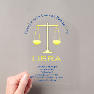 Invitations En Acrylique Libra Golden Scales Star Signal fête d'anniversair