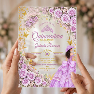 Invitations En Acrylique Lilac Roses Violettes Dorées Quinceañera Occidenta