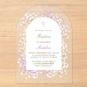 Invitations En Acrylique Lilas blanc Gypsophile baptême de bébé fille