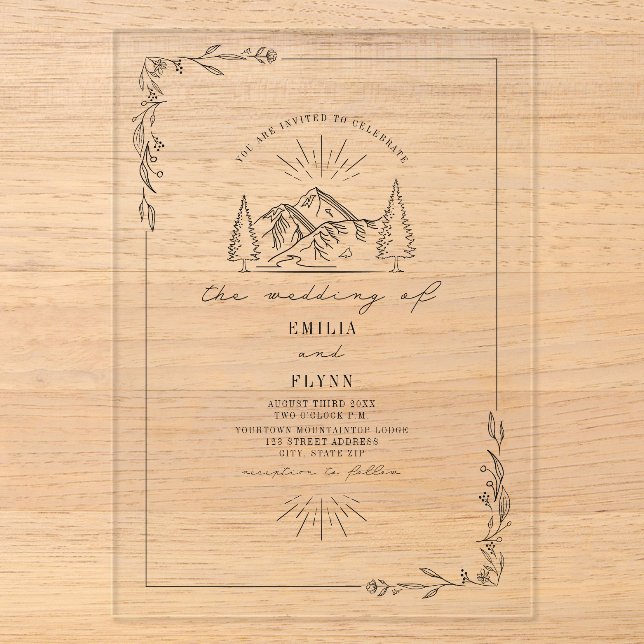 Invitations En Acrylique Line Art Mountain Floral Rustic Mariage (Recto)