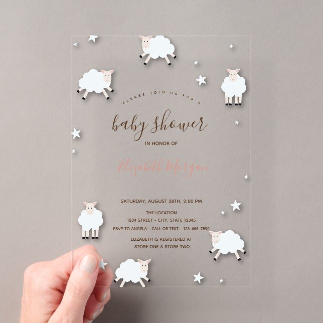 Invitations En Acrylique Little Lamb Sheeps Cloud Stars Baby Shower  (In situ (ordinateur de poche))