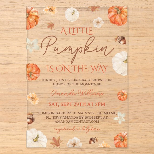 Invitations En Acrylique Little Pumpkin Floral Fall Baby Shower (Recto)