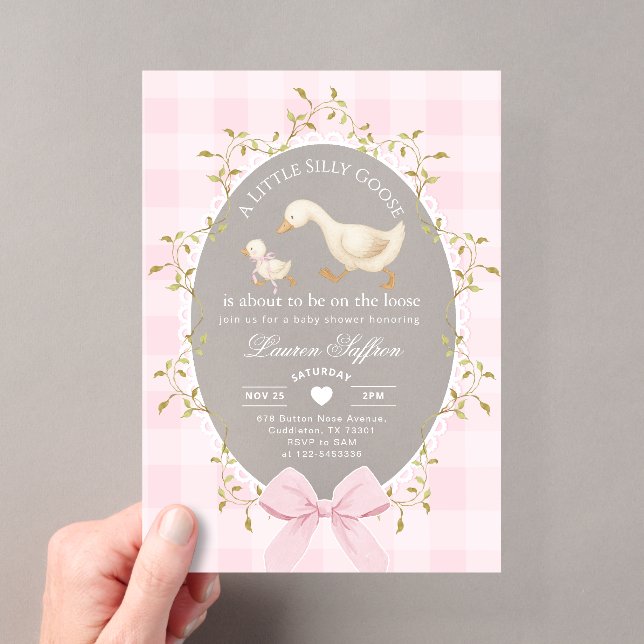 Invitations En Acrylique Little Silly Goose Baby Shower Pink Gingham (In situ (ordinateur de poche))