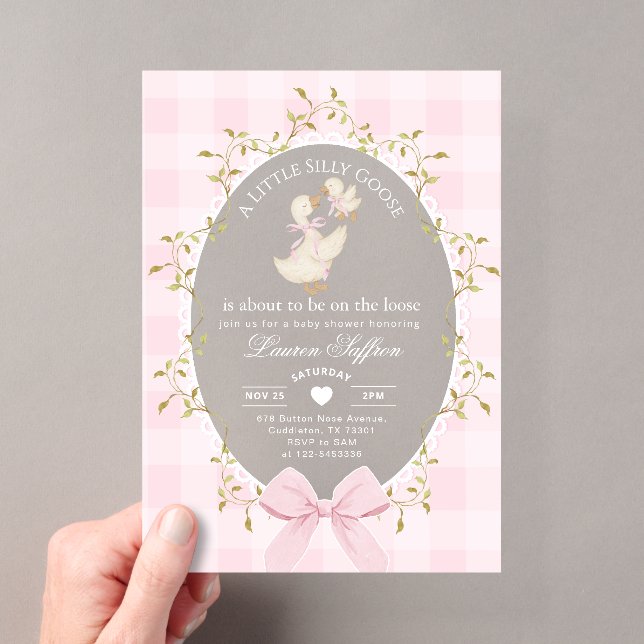Invitations En Acrylique Little Silly Goose Baby Shower Pink Gingham (In situ (ordinateur de poche))
