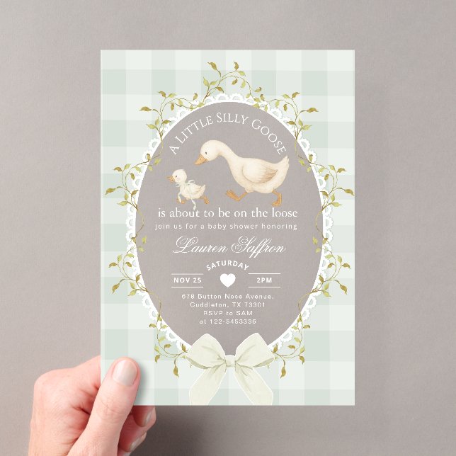 Invitations En Acrylique Little Silly Goose Baby Shower Sage Gingham (In situ (ordinateur de poche))
