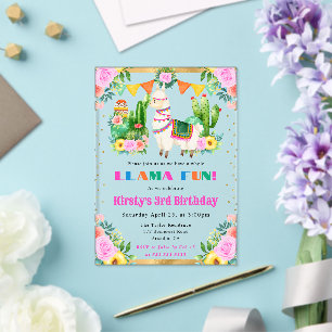 Invitations En Acrylique Llamas Fleuris d'Été à l'Aquarelle pour l'Annivers