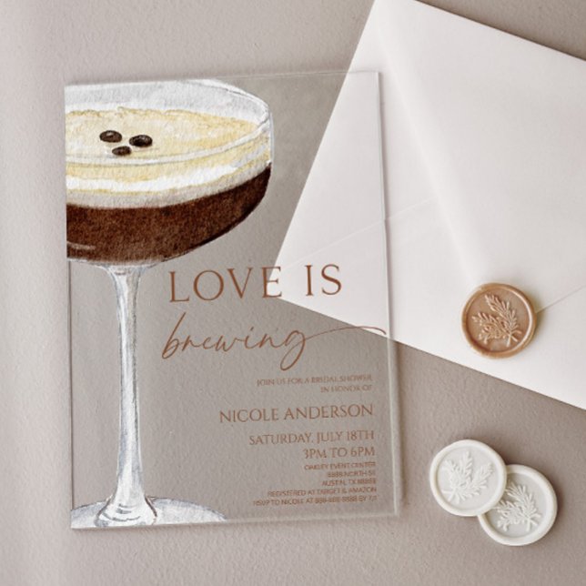 Invitations En Acrylique Love Is Brewing Expresso Martini Bridal Shower (Créateur téléchargé)