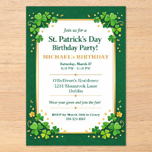 Invitations En Acrylique Lucky Green Gold Shamrock Fêtard Fête d'anniversai