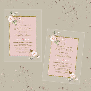 Invitations En Acrylique Luxe Blush rose Or Fleurs Fille Baptême