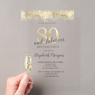 Invitations En Acrylique Luxe Champagne Verre Or Confetti 80e anniversaire