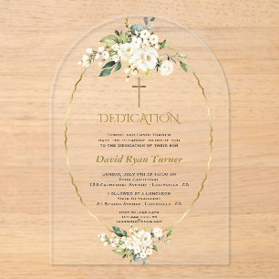 Invitations En Acrylique Luxe Fleurs blanches Gold Boy Dedication