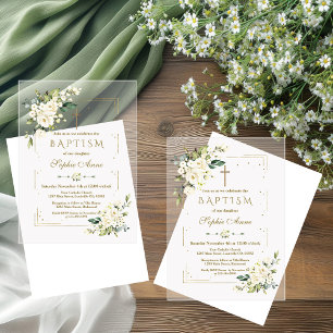 Invitations En Acrylique Luxe Fleurs Blanches Parties scintillant Or Cadre
