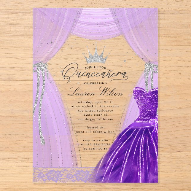 Invitations En Acrylique Luxueuse princesse violette Sparkle Quinceanera (Recto)