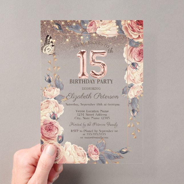 Invitations En Acrylique Luxury Floral,Butterfly,Lights 15th Birthday  (In situ (ordinateur de poche))