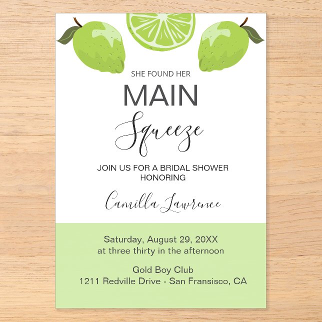 Invitations En Acrylique Main Squeeze Tropical Citrus Green Bridal Shower  (Recto)