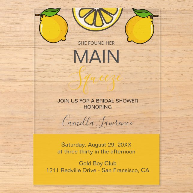 Invitations En Acrylique Main Squeeze Tropical Citrus Lemon Bridal Shower  (Recto)