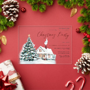 Invitations En Acrylique Maison enneigée festive & arbre fête de Noël