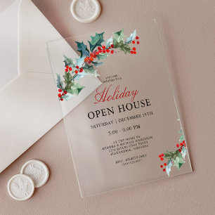 Invitations En Acrylique Maison ouverte pour les fêtes de Noël avec Holly