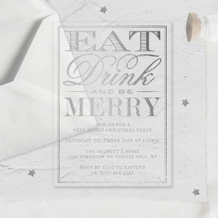 Invitations En Acrylique Manger, Boire & Fêtez Noël Argenté Festif