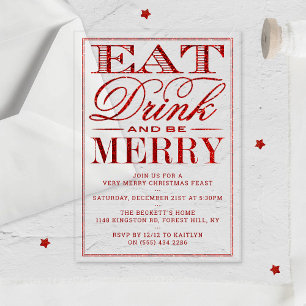 Invitations En Acrylique Manger, Boire & Soyez Joyeux Noël Rouge Paillettes