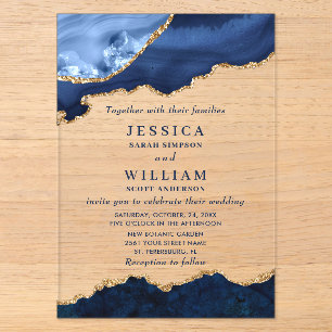 Invitations En Acrylique Marbre bleu marine moderne Mariage d'âge