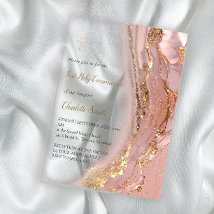 Invitations En Acrylique marbre rose   Première sainte communion