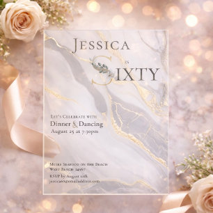 Invitations En Acrylique Marbre Veiné Doré Floral Monogramme 60e Anniversai
